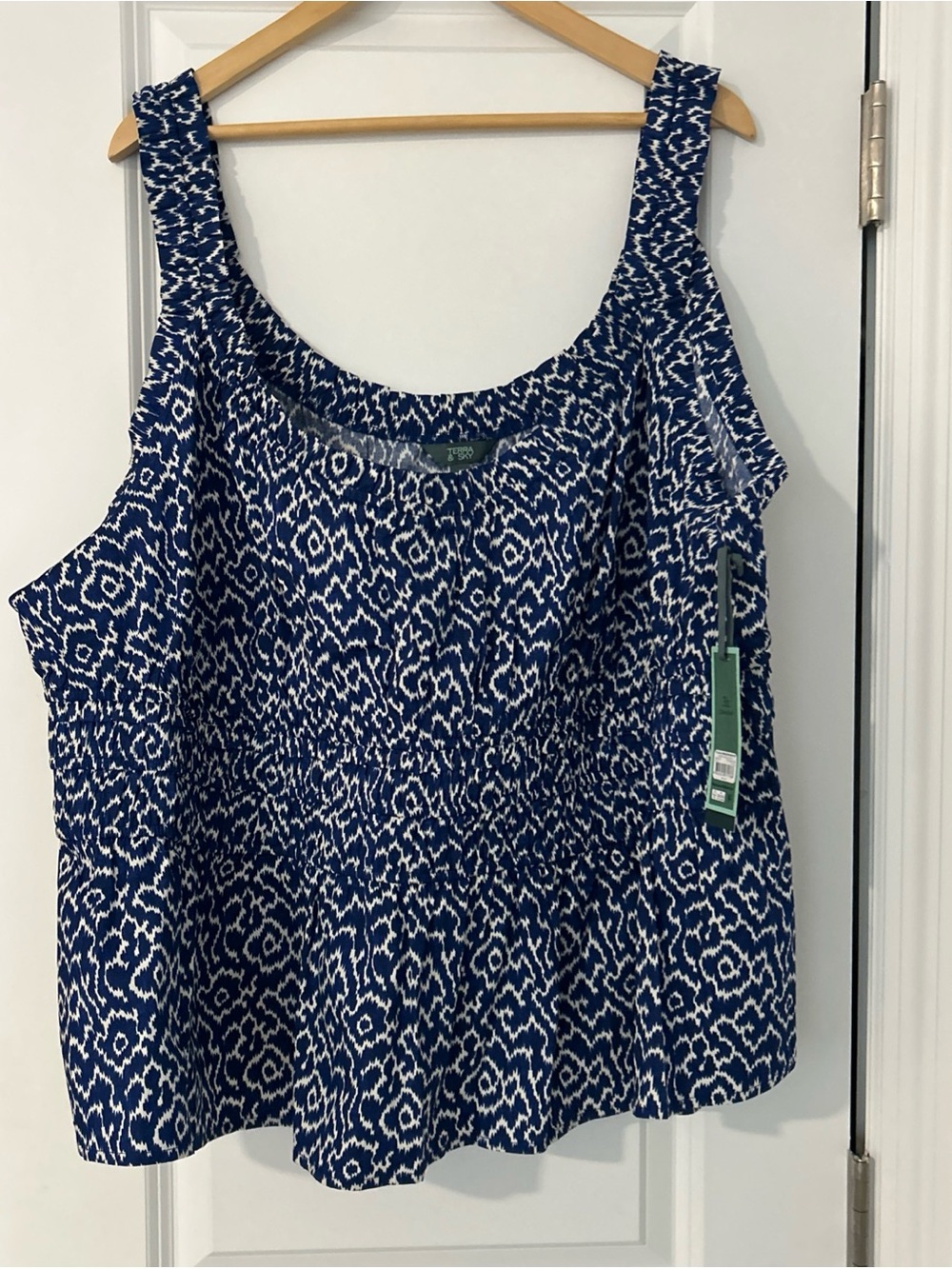 Terra & Sky Women's Plus Sleeveless Smocked Peplum Tank Top, 3x Blue/White- NWT